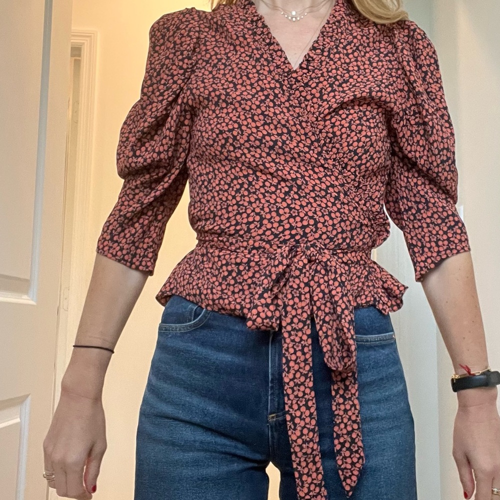 Doen Orange Puff Sleeve Wrap Blouse